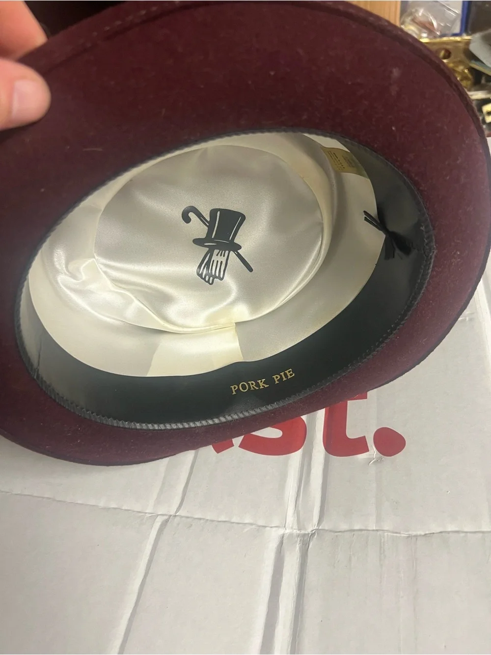 Burgundy Woolfelt Pork Pie Hat with Feather Trim